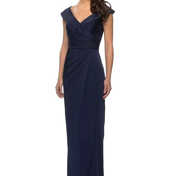 La Femme Navy Blue Off-the-Shoulder Ruched Jersey Column Gown - Picture 1 of 4